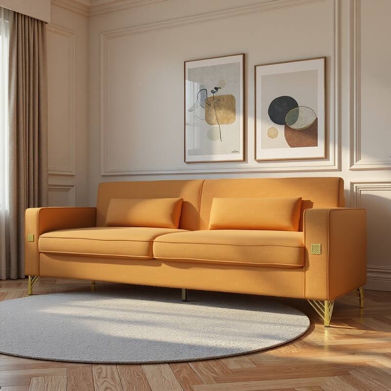Roomfitters Mid-Century Modern Upholstered Sofa with Gold Metal Legs and Square Arms, Elegant Couch for Living Room