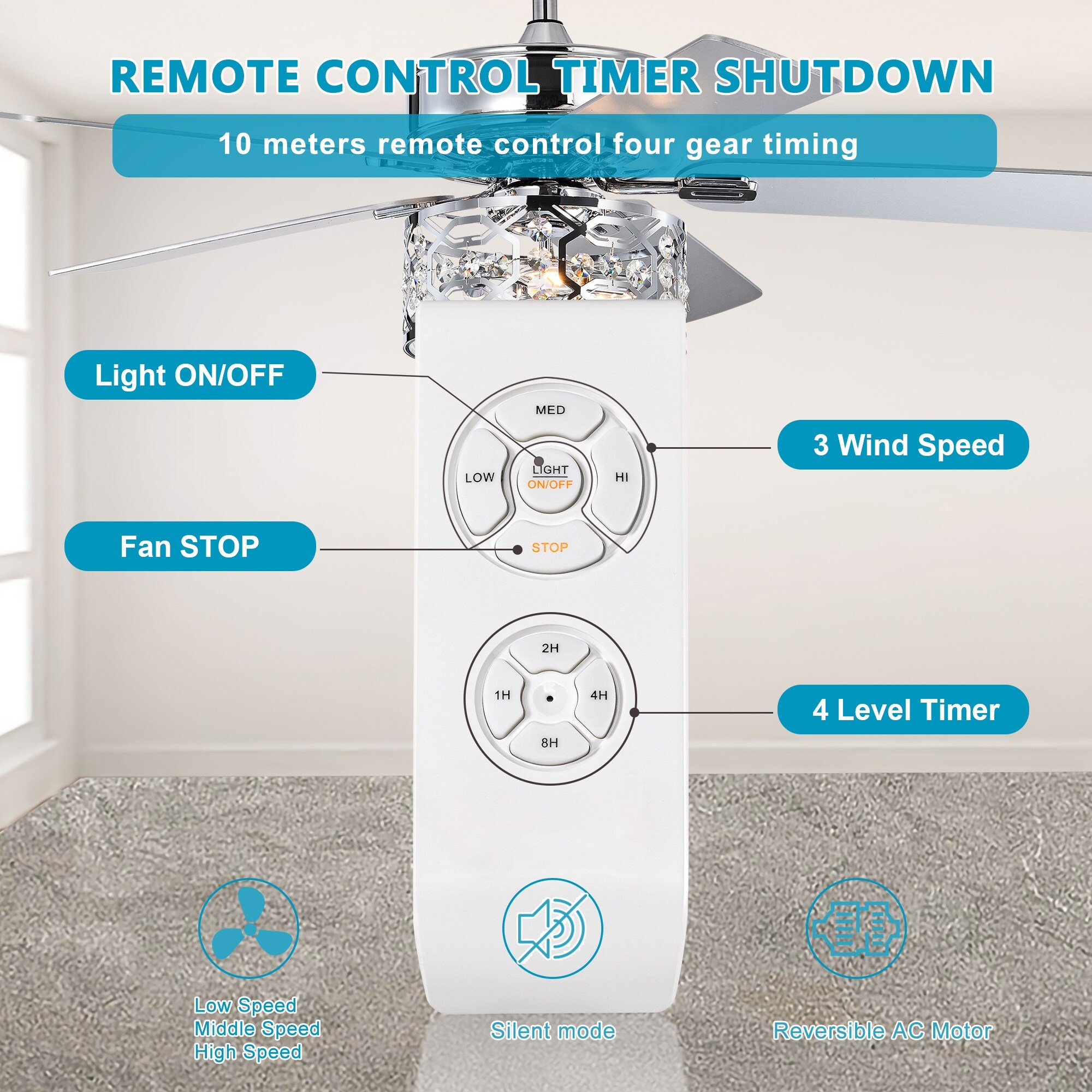 52 in. Smart Indoor Crystal Ceiling Fan with Remote Control