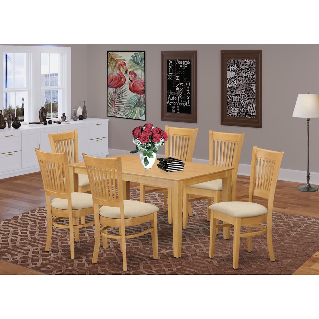 HomeStock 7-Piece Rectangle Natural Oak Finish Solid Wood Top Dining Table with 6 Chairs with Lattice Back