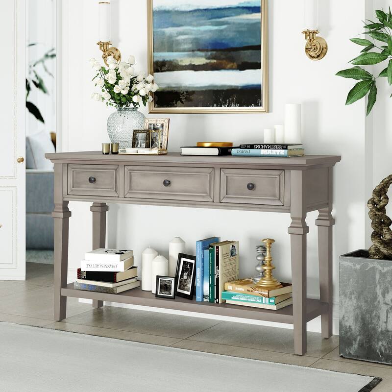 Retro Console Table with 3 Drawers and Bottom Shelf - Grey