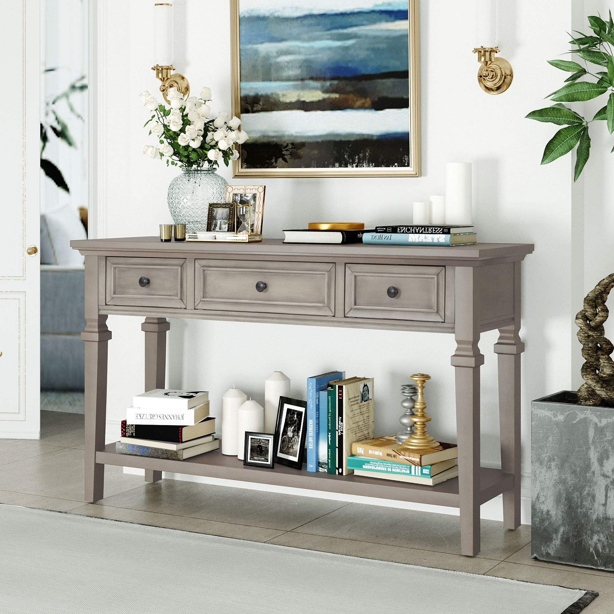 Retro Console Table with 3 Drawers and Bottom Shelf