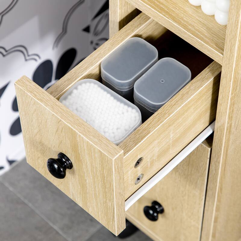 Oak Grain Storage Cart Cabinet with Drawer and Open Shelves for Small Spaces and Homes - 7" W x 11.75" D x 27" H