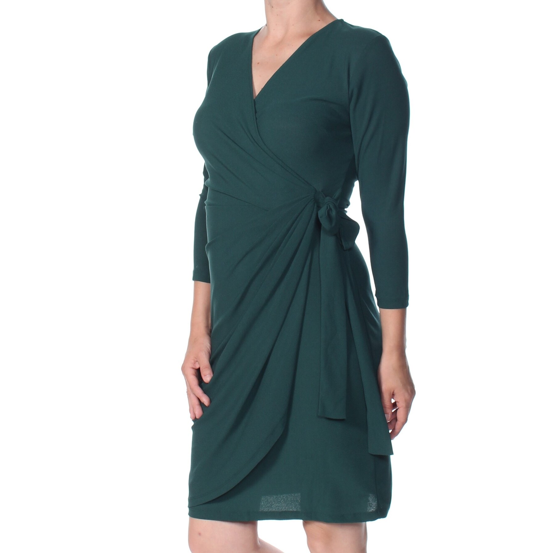 Shop Inc Womens Green 3 4 Sleeve V Neck Above The Knee Wrap Dress