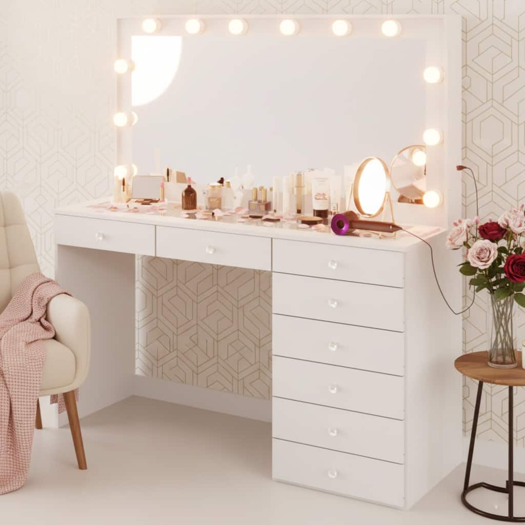 Boahaus Makeup Vanity Desk Glass Top 8 Drawers Crystal Knobs Lighted Mirror