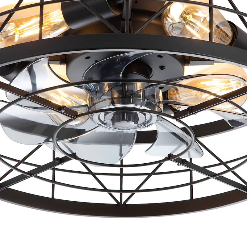 20" 7-Blade Matte Black Flush Mount Caged Ceiling Fan with Light and Remote