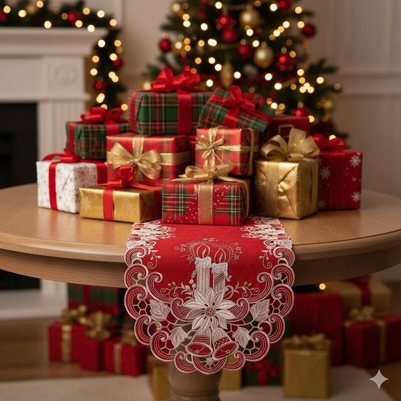 Poinsettia Embroidered Cutwork Rectangular Table Runner, 15 by 34 inch