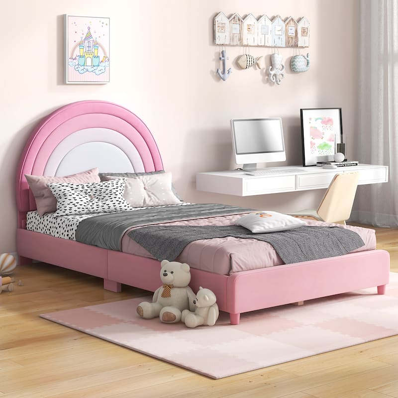 Gymax Kids Twin Platform Bed Frame Upholstered Twin Size Bed w/ Wooden