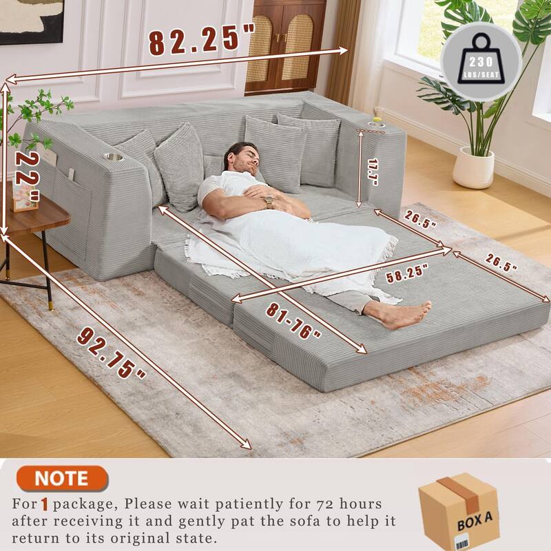 Modern Convertible Loveseat Sofa Bed, Corduroy Fabric Foldable Floor Couch w/5 Pillows, Side Pockets & Cup Holders, No Assembly