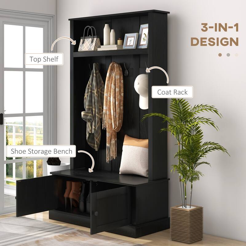 HOMCOM Freestanding Hall Tree, Entryway Bench with Coat Rack, Shoe Cabinet and Top Shelf