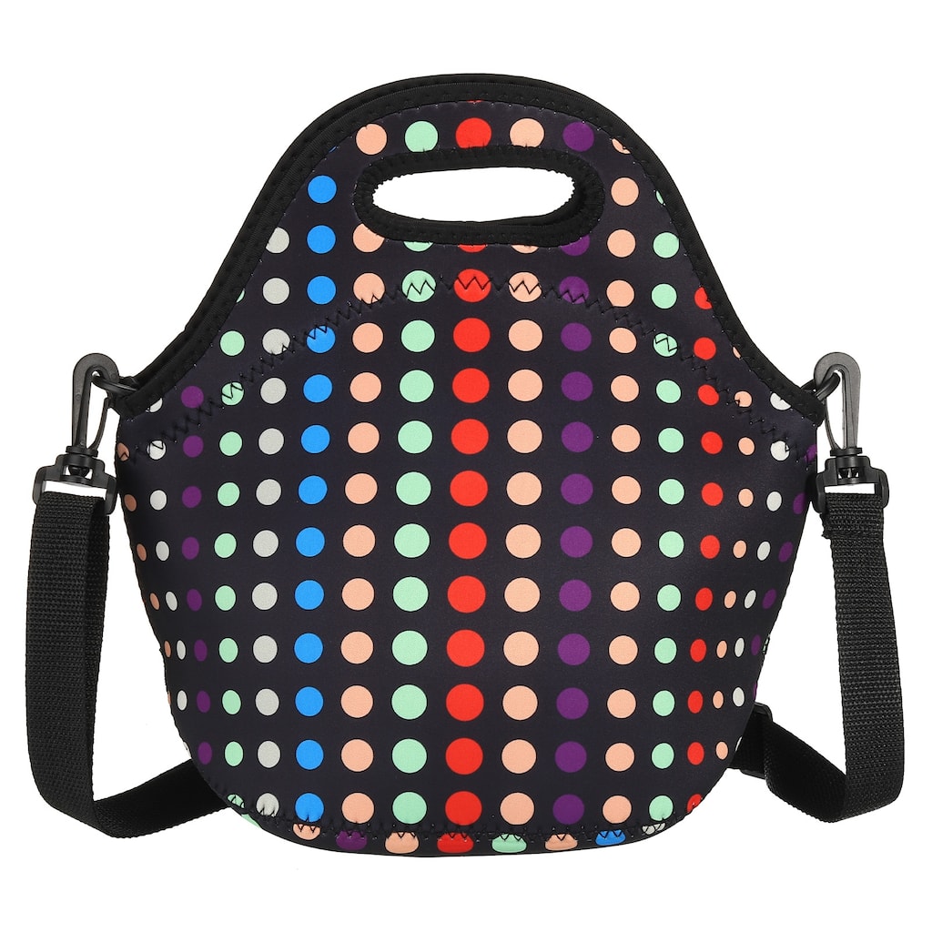 Neoprene Lunch Tote Bag with Shoulder Strap, Small Multicolor Circle Pattern - Multicolor Circle Pattern