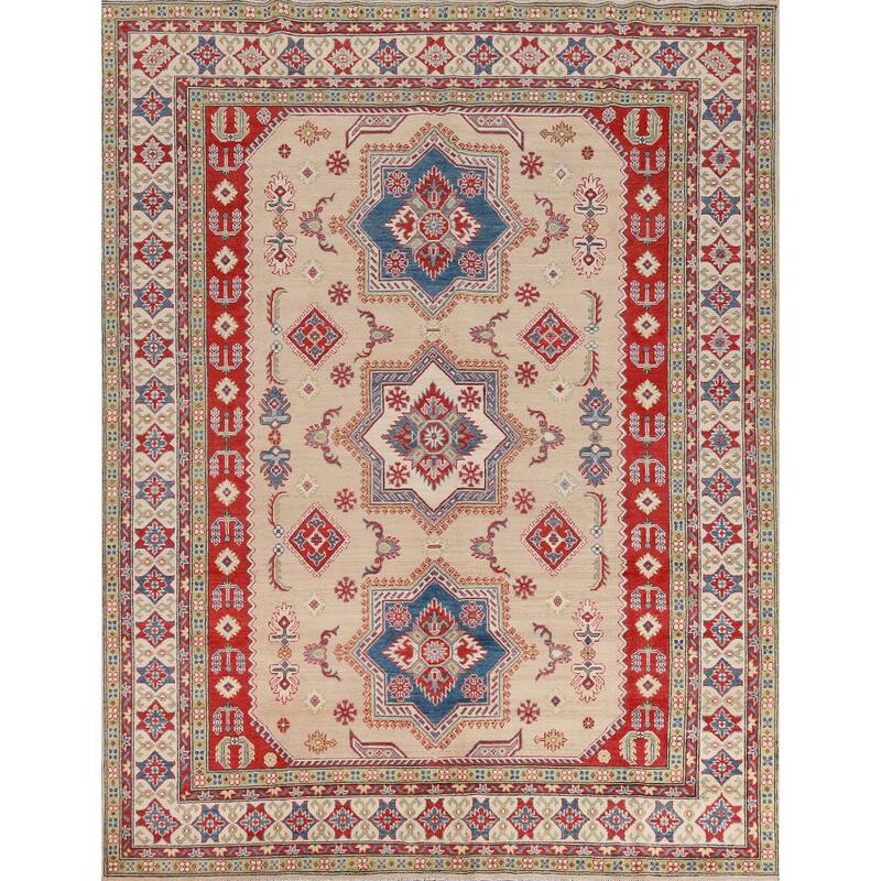 Hand Knotted Oriental 100% Wool Carpet Traditional Geometric Peach Kazak Area Rug - 9' 9'' X 8' 4''