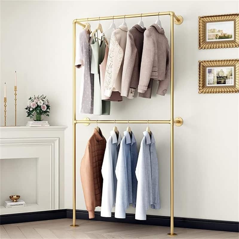 Industrial Pipe Clothing Rack Wall Mounted Garment Rack - 3.74"D x 5.12"W x 43.7"H - Gold