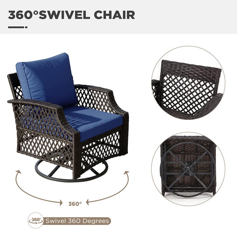 Outdoor Wicker Patio Set w Swivel Chairs & Sofa, Ottomans and Tables, Modular 3/5/6/7-Piece, All-Weather Conversation Set.
