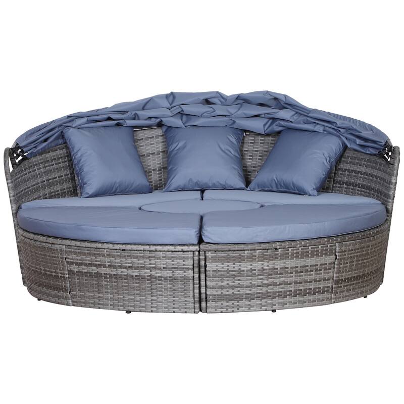 Outsunny 4-piece Cushioned Outdoor Rattan Wicker Round Sunbed or Conversational Sofa Set with Sun Canopy