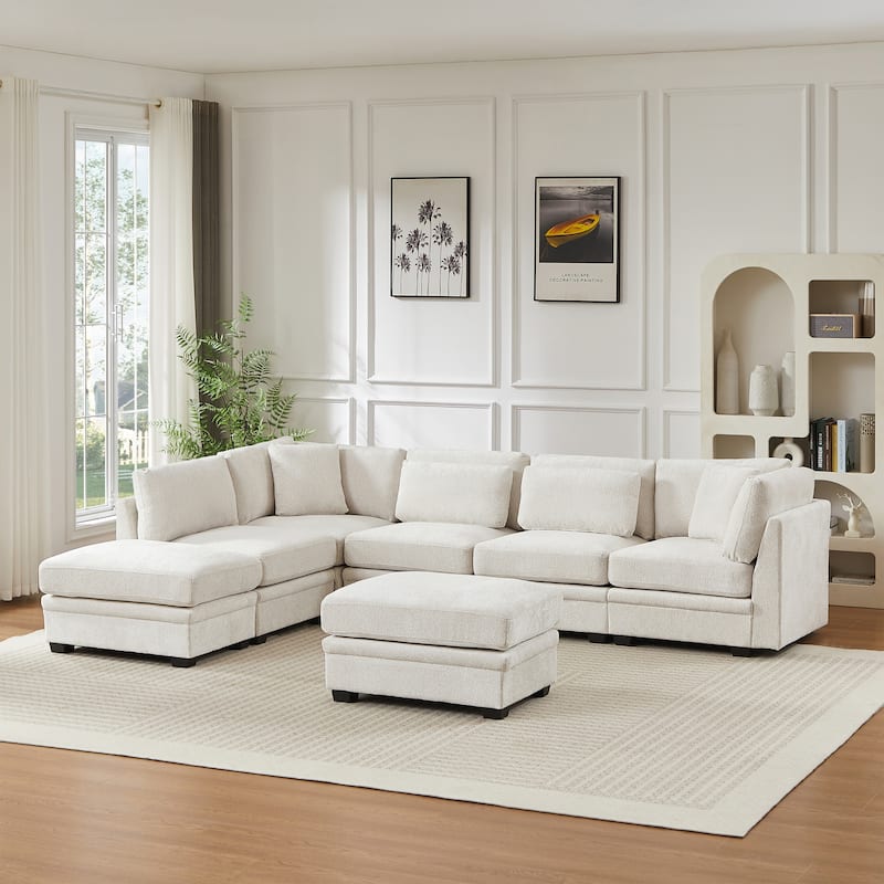 Christopher Knight Home - Modular Comfort Reversible Fabric Sectional Sofa with Ottoman, Beige (7-Piece Set) - Beige