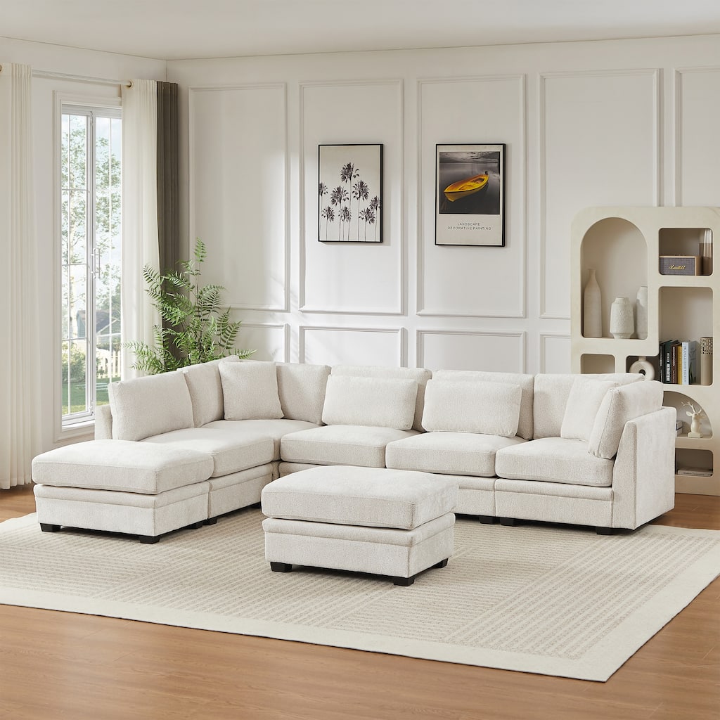 Christopher Knight Home - Modular Comfort Reversible Fabric Sectional Sofa with Ottoman, Beige (7-Piece Set)