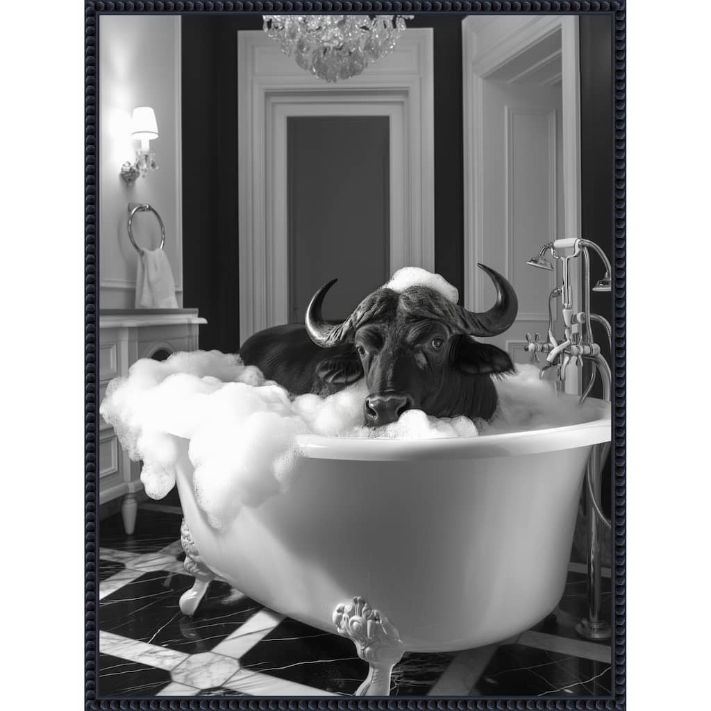 Curious Buffalo In the Tub by Niky Rahner Framed Canvas Wall Art