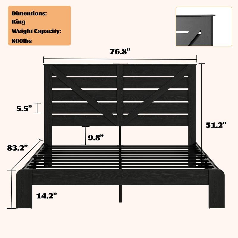 Wood Platform Bed Frame with Headboard - Noise Free, No Box Spring, Easy Assembly, Under Bed Storage