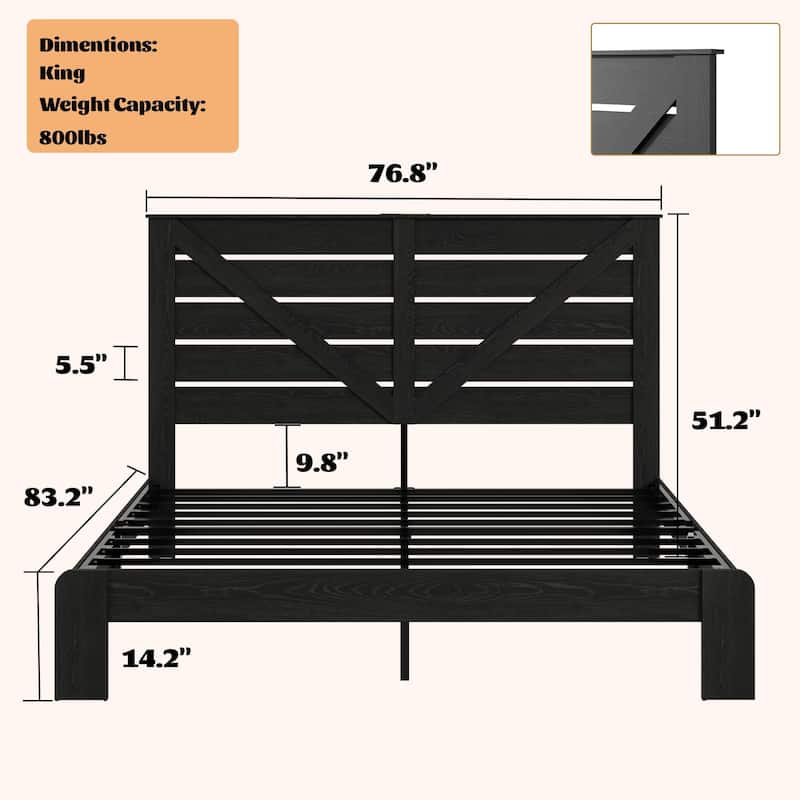 Wood Platform Bed with Rustic Headboard Black Metal Frame Support, Solid Wood Slats No Box Spring Needed Large Under-Bed Storage