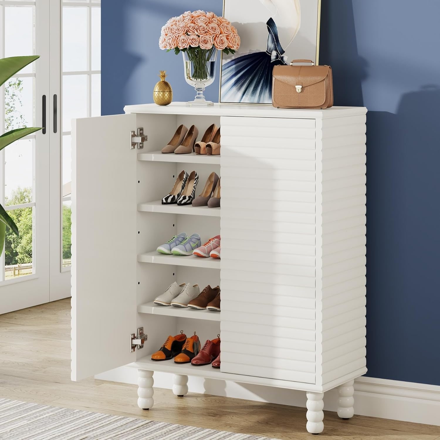 5-Tier White Shoe Cabinet with Doors and Shelves,Shoe Organizer