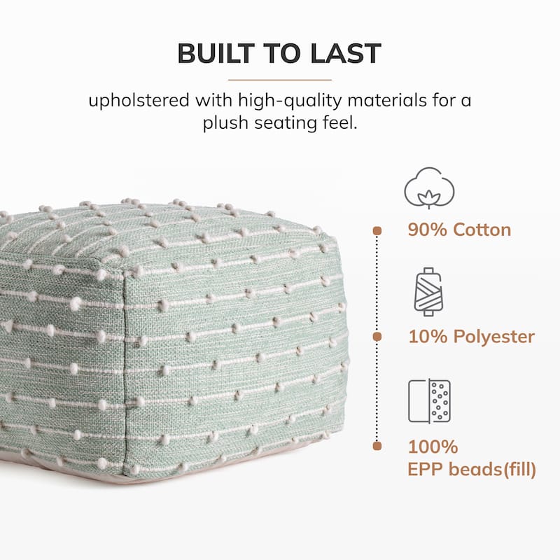 Jani Easton 22-inch Square Green/Ivory Pouf Ottoman - Handmade Footrest for Living Room, Bedroom, Patio