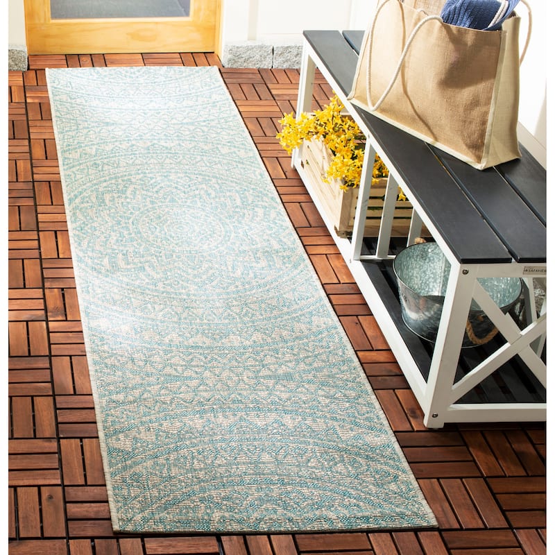 SAFAVIEH Courtyard Fran Mandala Indoor/ Outdoor Waterproof Patio Backyard Rug - 2'3" x 8' Runner - Light Grey/Aqua