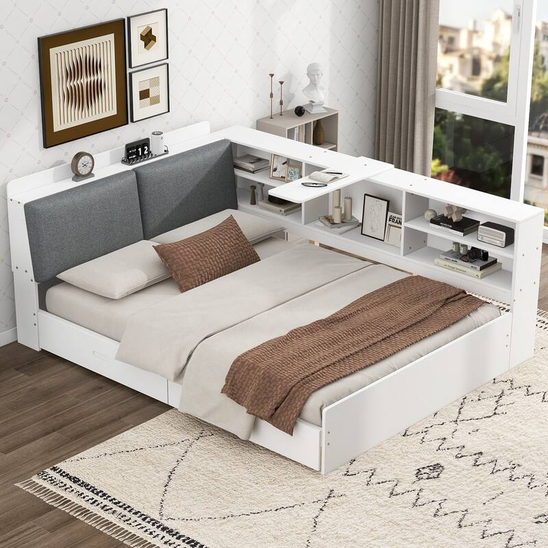 Wood Platform Bed with Storage Headboard, Shelves and 2 Drawers