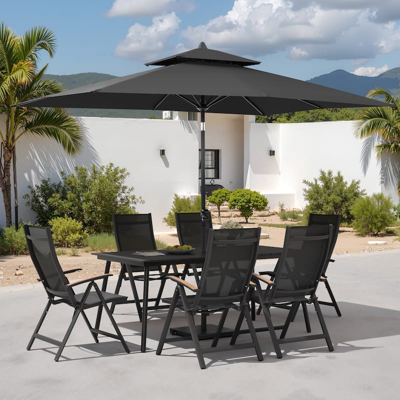 9PC Outdoor Patio Dining Set WoodLike Aluminum Umbrella Hole Table with Folding Chairs,Double Top Market Umbrella and Wheel Base - BlackTable&BlackChairs&BlackUmbrella