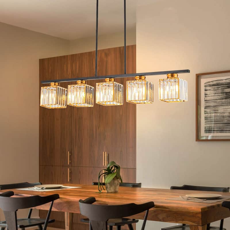 Modern Kitchen Island Lighting 5 Light Linear Chandelier with Crystal Shade - Multi - W 39.37"