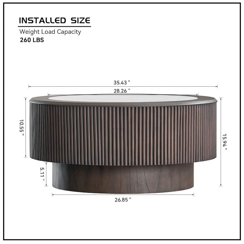 Modern Coffee Table Round Coffee Table with Faux Marble Pattern Stickers and Base, for Living Room, Dark Brown