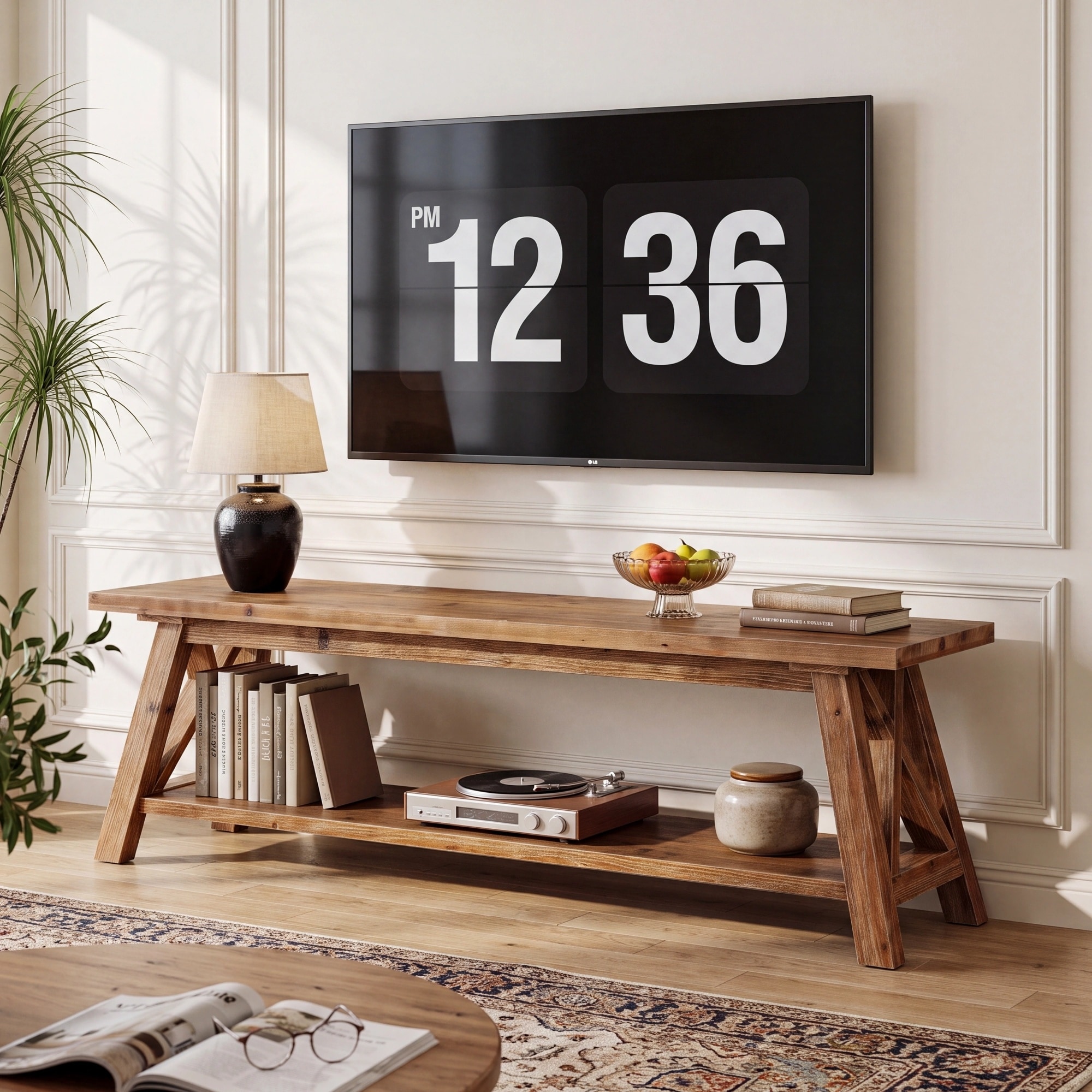 55" Solid Wood TV Stand, Farmhouse Media TV Console Entertainment Center with Open Storage for Living Room Bedroom