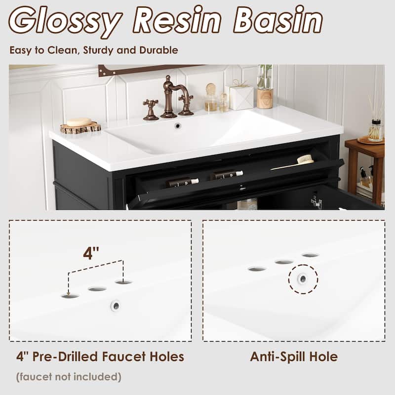 36" Bathroom Vanity with Top-Mount Sink - Modern Cabinet with 2 Drawers + Tip-Out Tray - Complete Single Sink Vanity Set