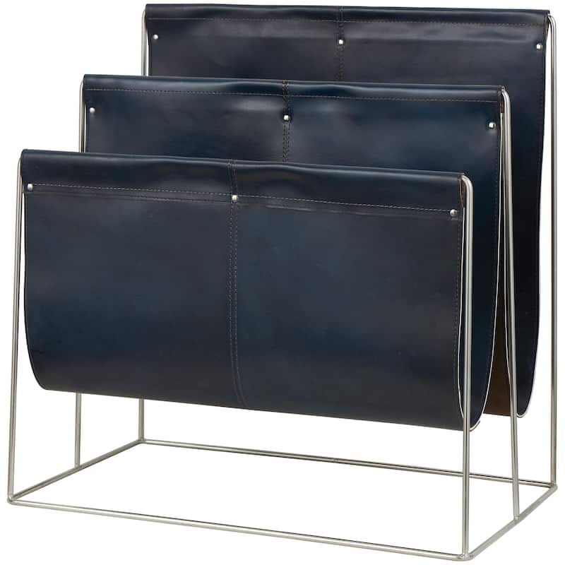 Leather 3 Slot Magazine Holder with Metal Stand - Dark Blue or Brown - Roche River Decor