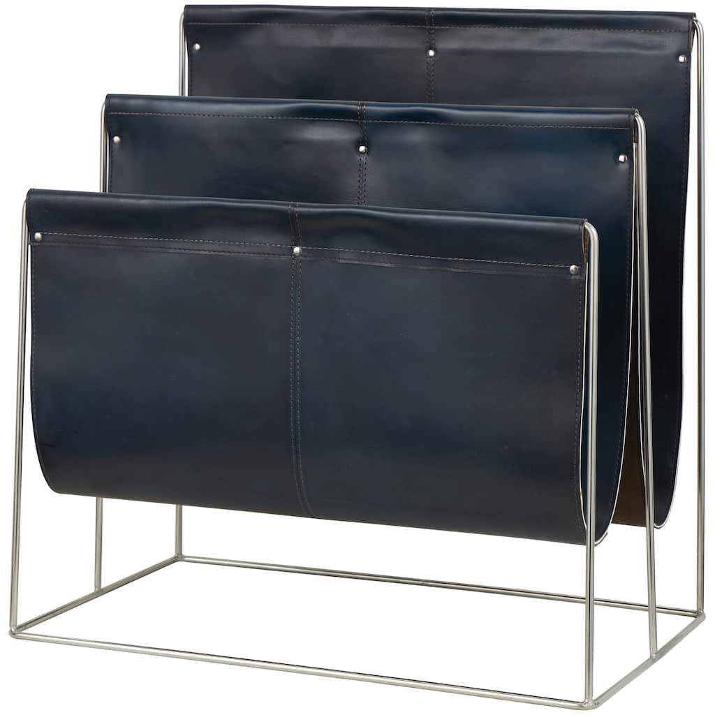 Leather 3 Slot Magazine Holder with Metal Stand - Dark Blue or Brown - Roche River Decor