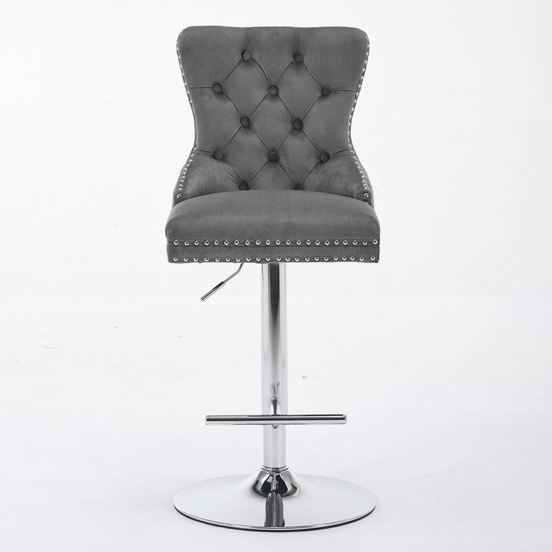 2PCS Swivel Adjustable Height Tufted Bar Stools With Silver Leg