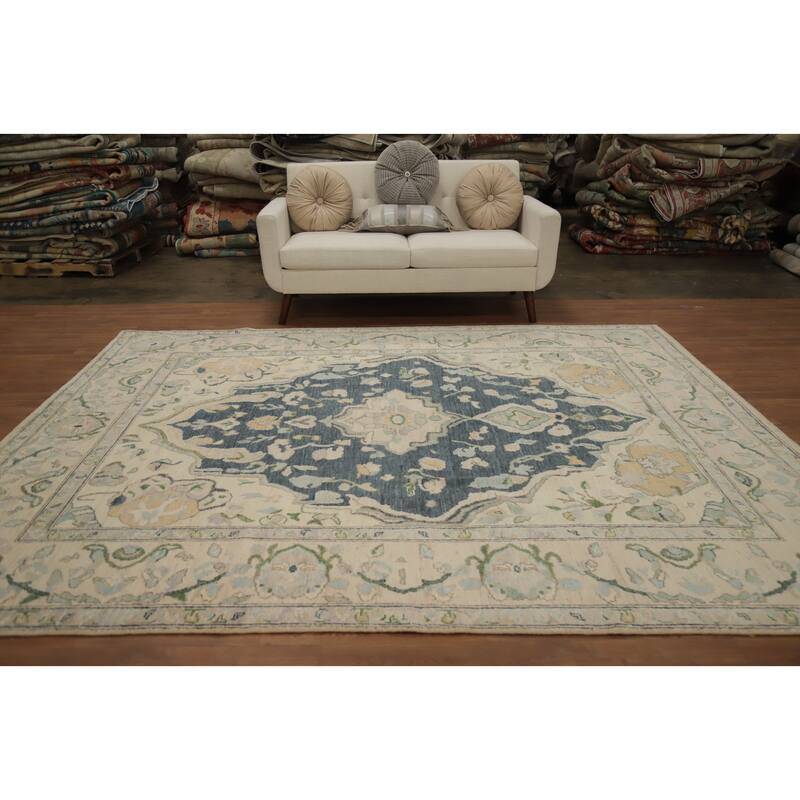 Hand Knotted Oriental 100% Wool Carpet Transitional Medallion Greys & Charcoal Oushak Area Rug - 9' 10'' X 8' 0''