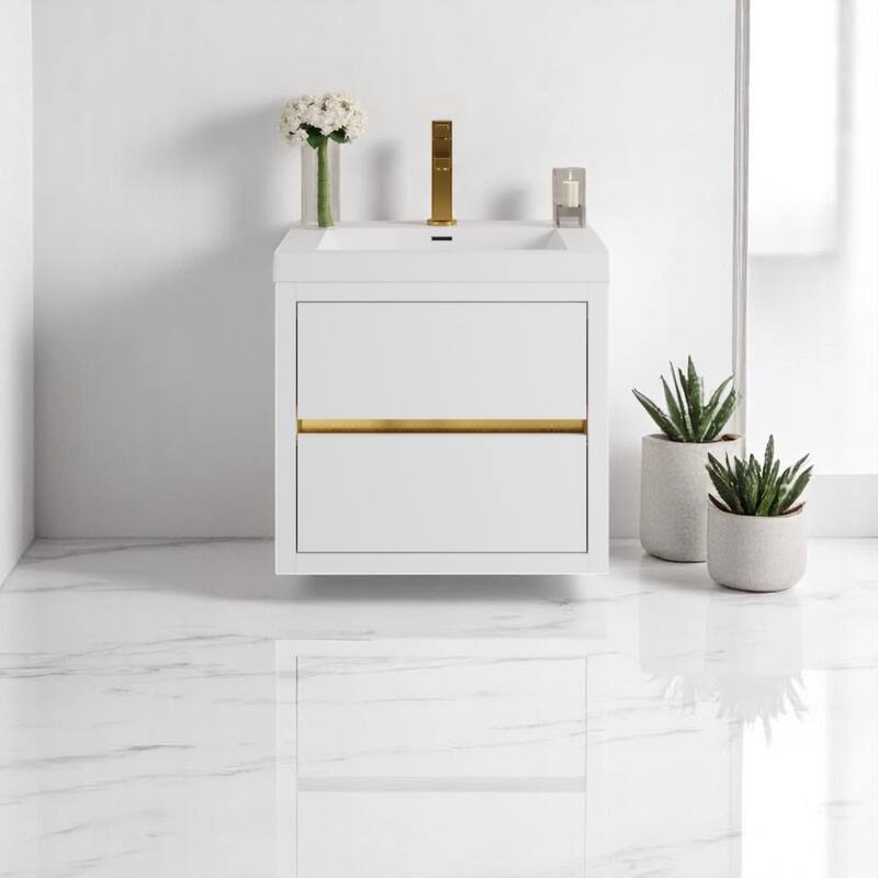 24"/30"/36" Wall-Mounted Bathroom Vanity with Sink, Floating Cabinet, Stone Resin Countertop, Glossy White, Soft-Close Drawers