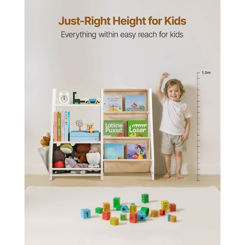 White-Beige Kids Bookshelf and Toy Storage Organizer with 7 Compartments - 33.46 x 11.81 x 29.72 in