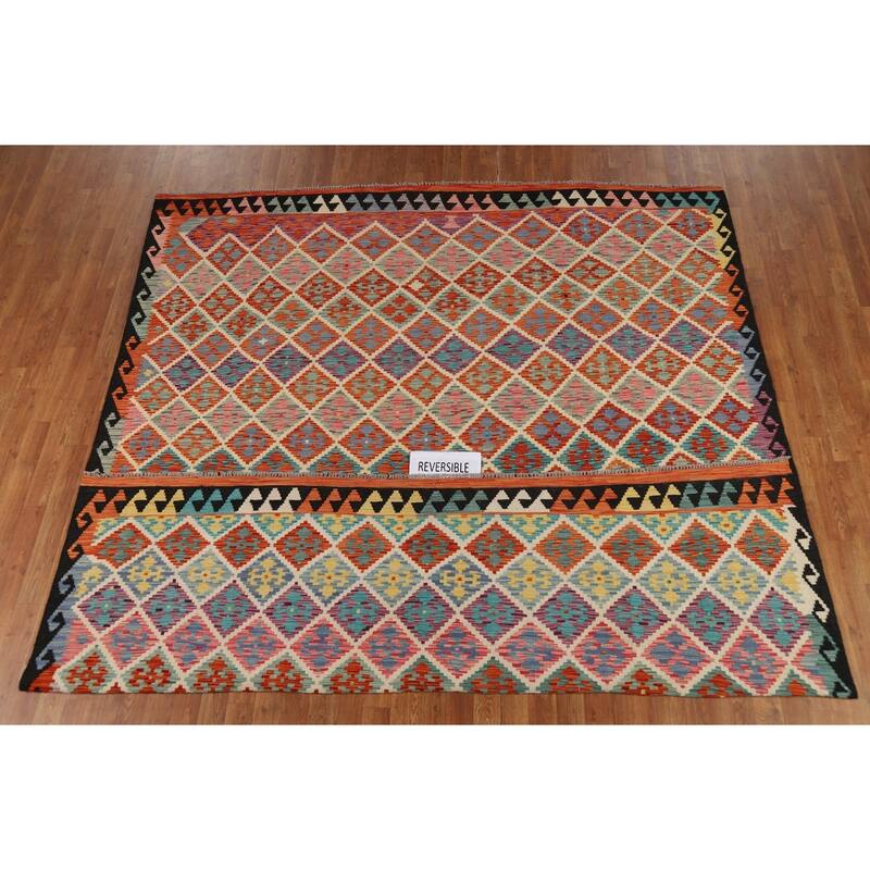 All-Over Trellis Kilim Area Rug Flatweave Wool Carpet - 8'3" x 9'10"