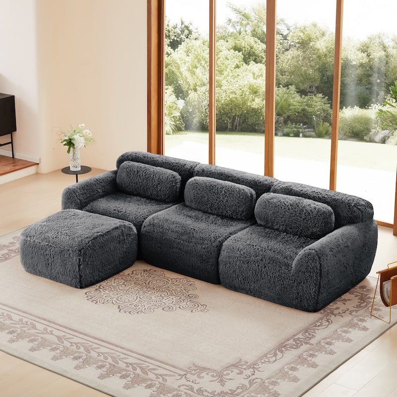 L-shaped Soft and Fluffy Plush Fabric,Boneless Sofa,Anti-Slip Design Buckle Connection,Movable Ottoman - Dark Gray