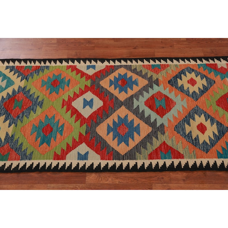 Hand Woven Oriental 100% Wool Carpet Southwestern Geometric Multi-Colored Kilim Runner Rug - 12' 10'' X 2' 9''