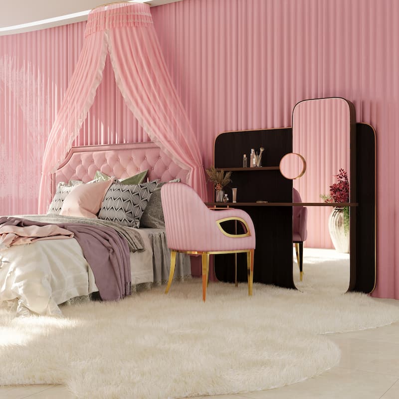 Comfy Pink Velvet Accent Armchair with Fox-Eyes Arms