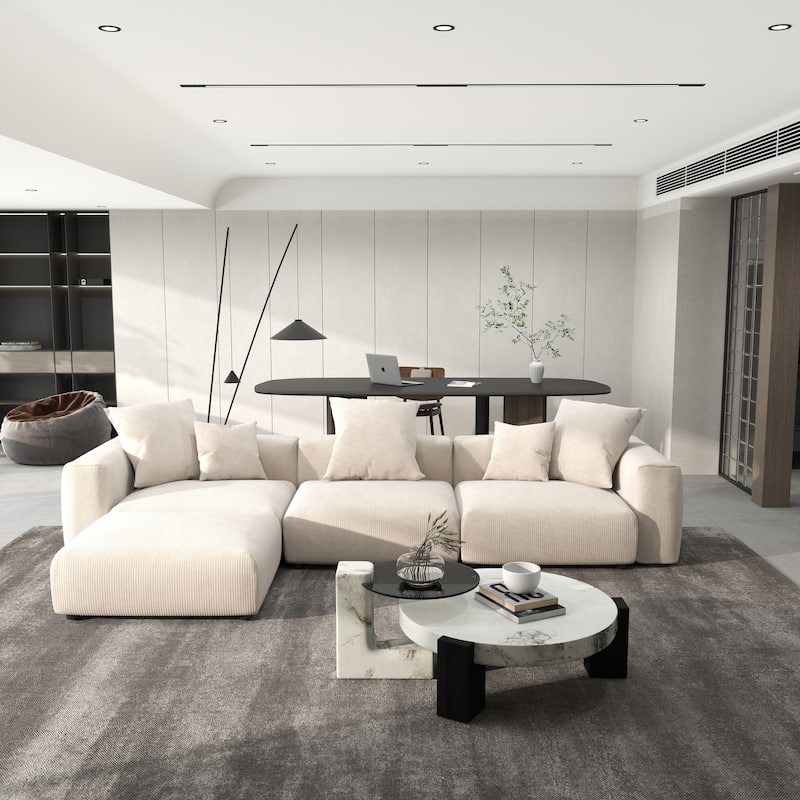 142" L-shape Oversized Corduroy Sectional Sofa Classic Deep Couch with Ottoman
