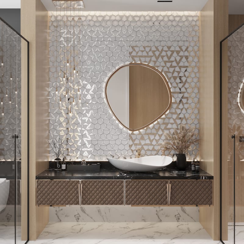 Mirari 9x11 in. Glossy Glass 3D Trapezoid Mosaic Wall Tile (3.28 sq ft/case, 5-Pack) - Gray, Silver