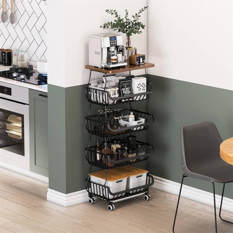 5 Tier Fruit Vegetable Basket for Kitchen with Wooden Tabletop