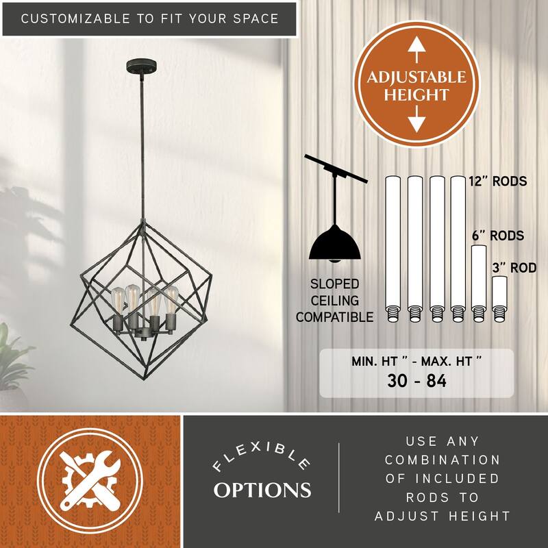 Rad 4 Light Mid-Century Modern Geometric Cage Bulb Pendant