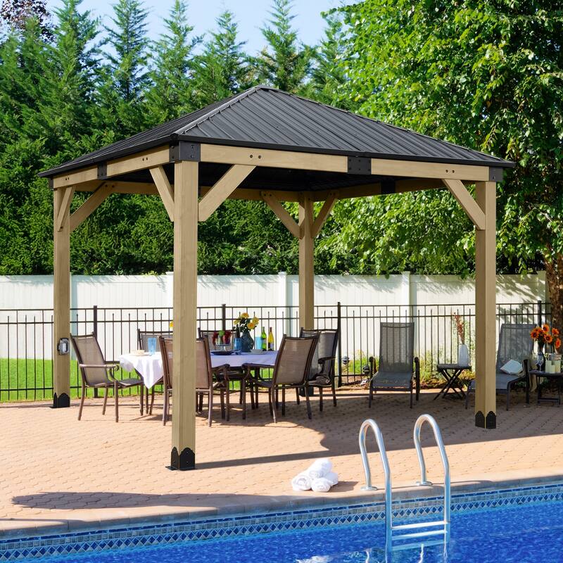 Aoodor 10 x 10 ft Wooden Frame Gazebo with 2-Tier Galvanized Metal Hardtop Roof, Outdoor Patio Gazebo with Charging Socket