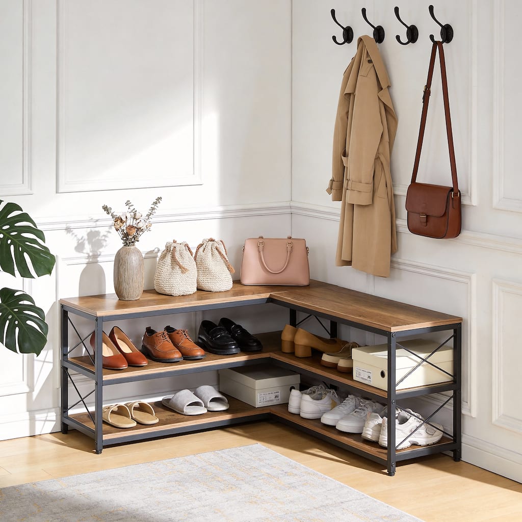39.4" L-Shaped Shoe Rack Bench, 3-Tier Entryway Corner Bench with Shoe Storage