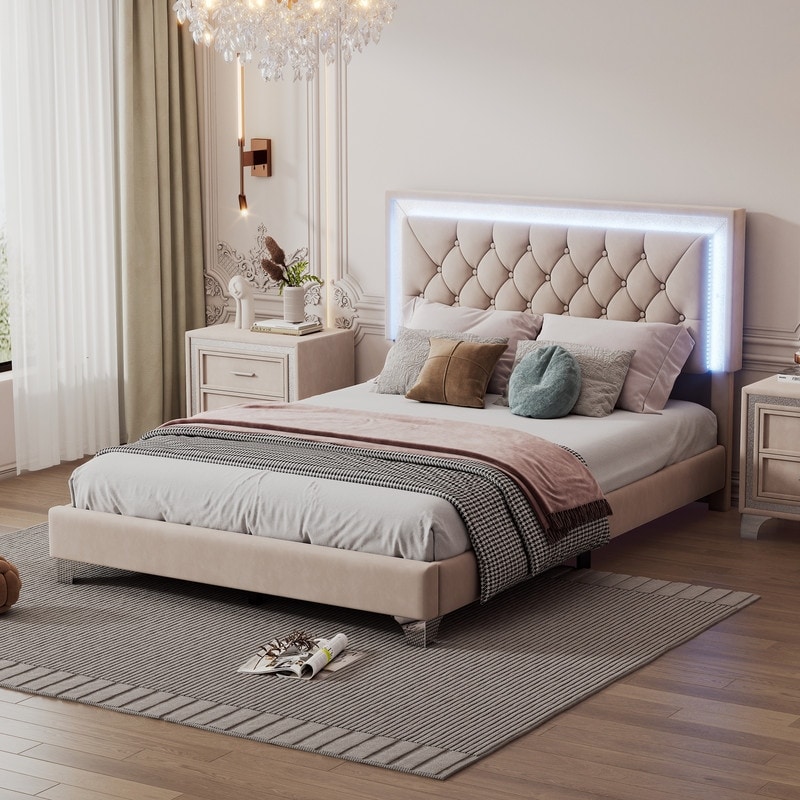 Full Queen Size Velvet Bed Frame with LED Lights Upholstered