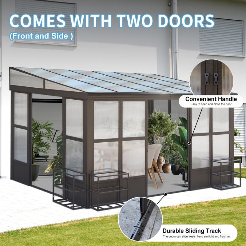 Domi Wall-Mounted Sunroom with Sloped PC Roof and Lockable Sliding Doors